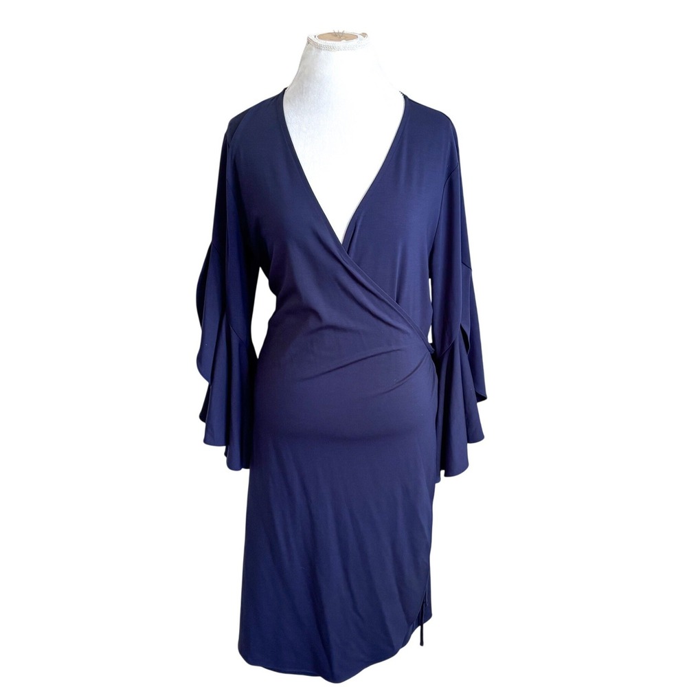 Banana Republic Knit Ruffle Sleeve Wrap Dress XL Navy Workwear Office Event